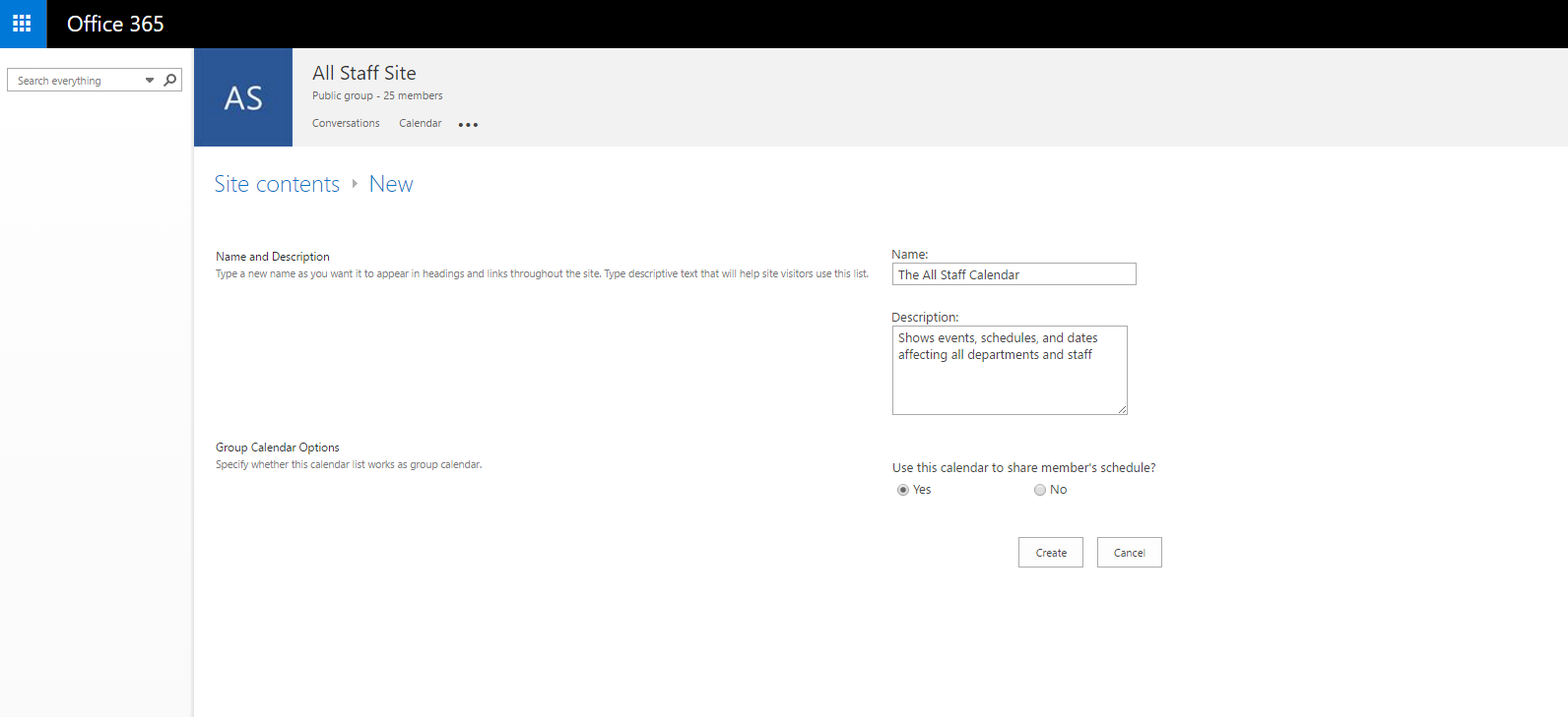 Screenshot of Office 365 calendar sharing process